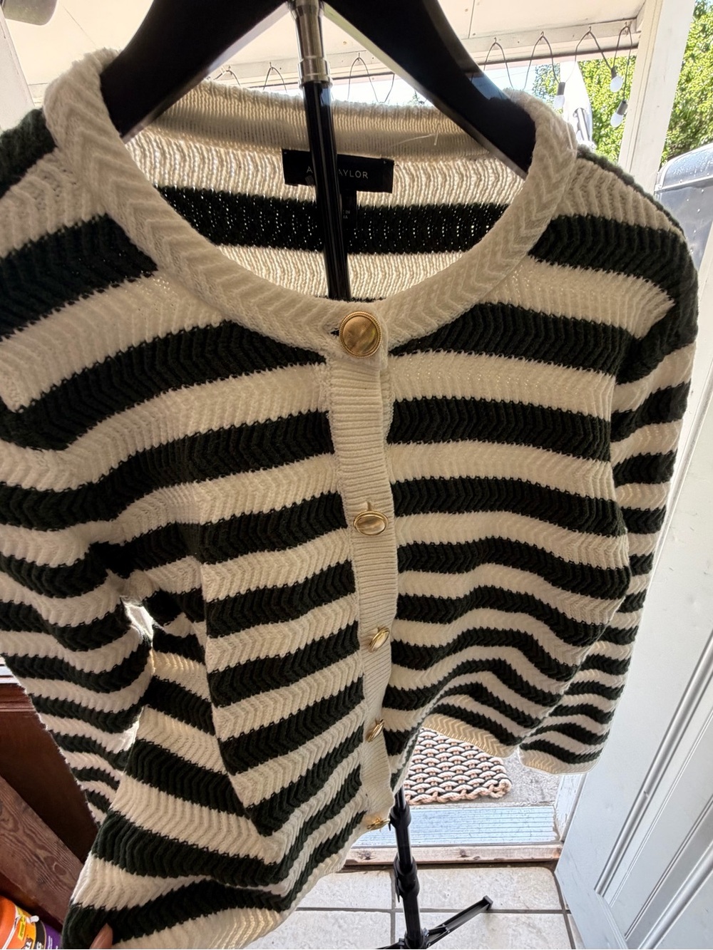 Ann Taylor Black and Cream Striped Button-Front Cardigan